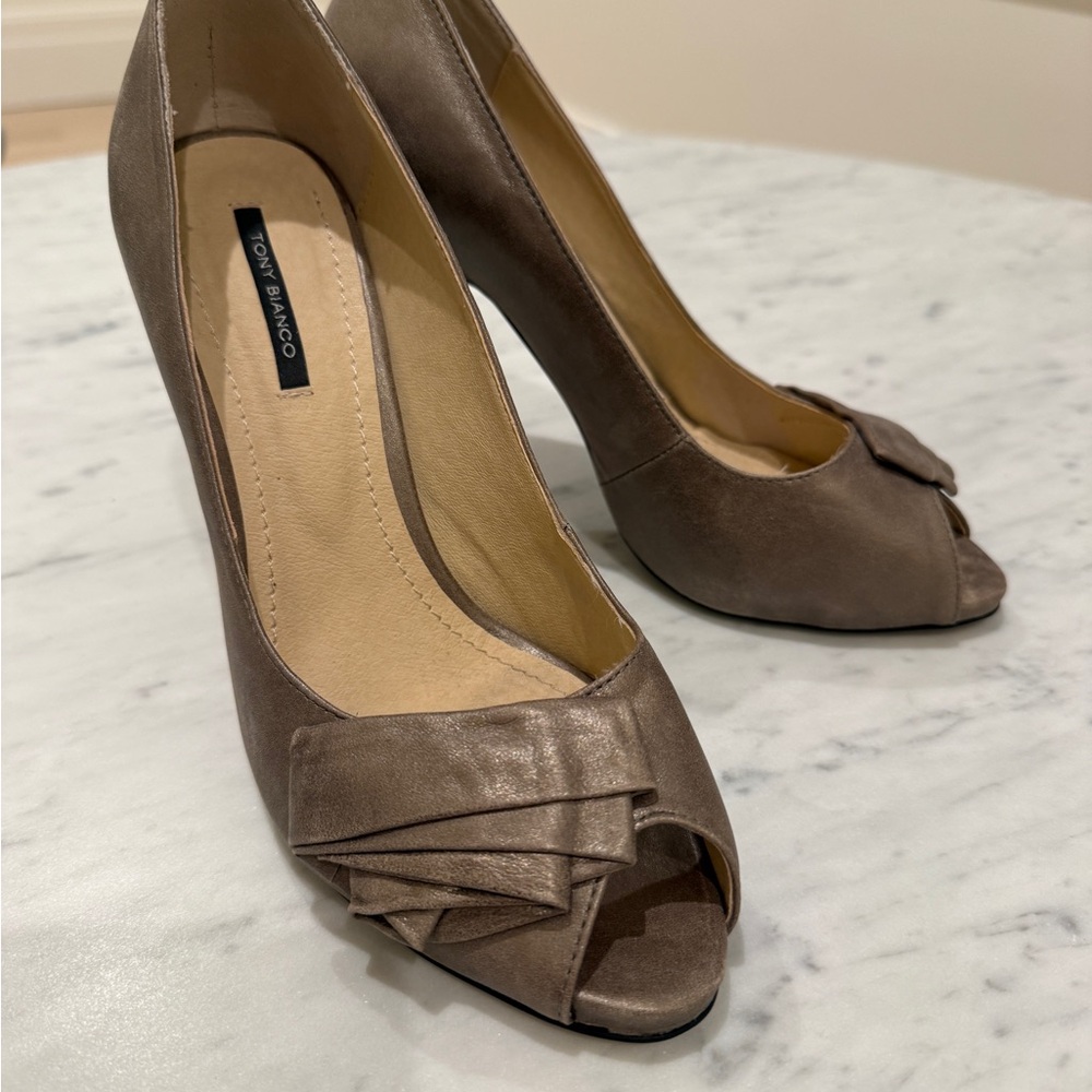 Tony Bianco Women's Leather Taupe Peep Toe Heels